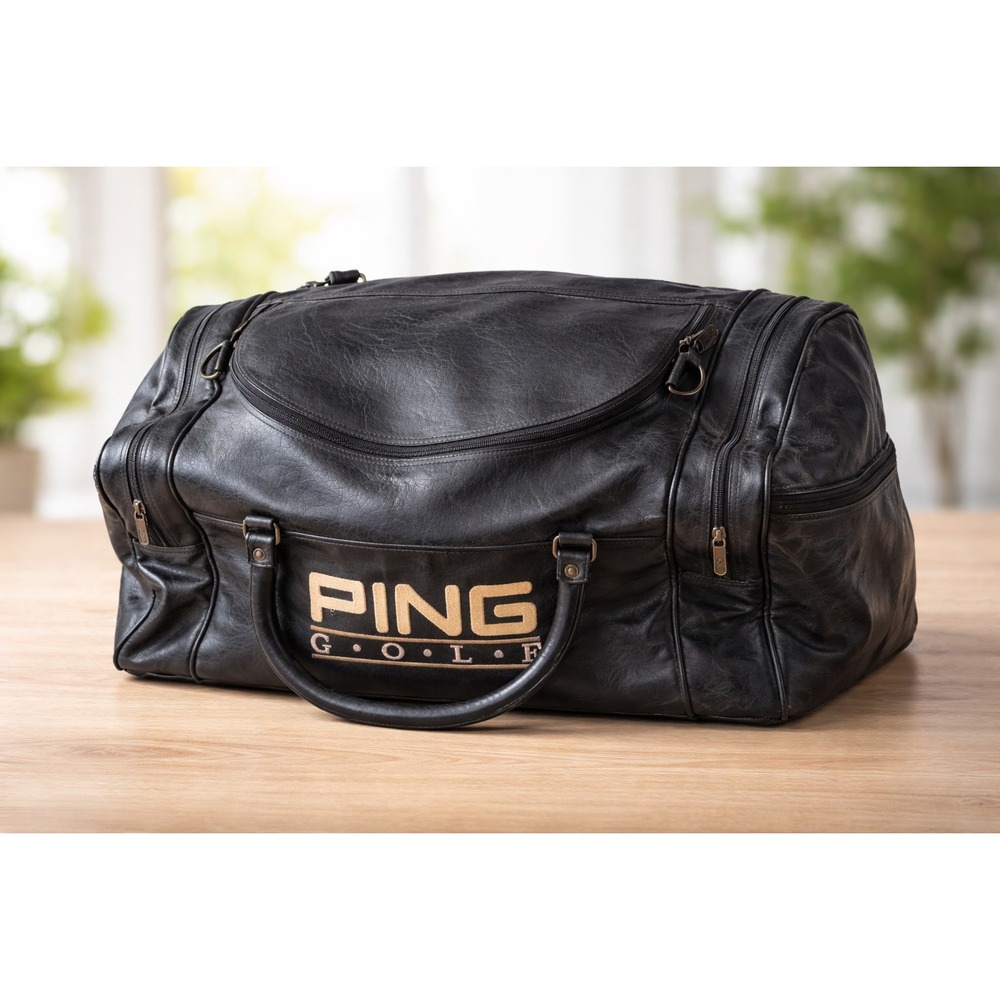 Vintage Ping‎ Golf Vintage Black Leather Duffle Bag Travel Gym Sport Logo Large